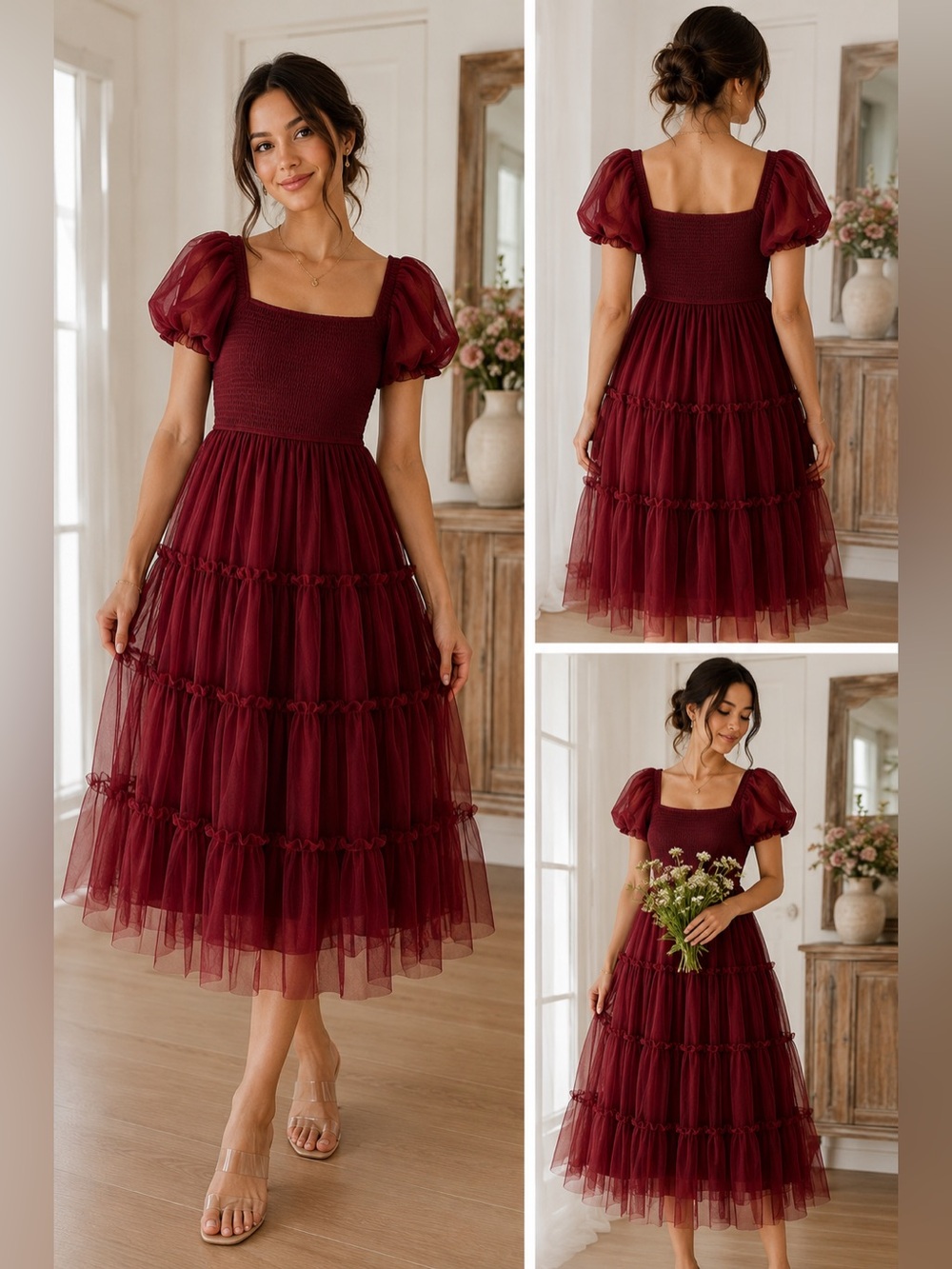 PrettyGarden Burgundy Smocked Tulle-Trim Midi Dress